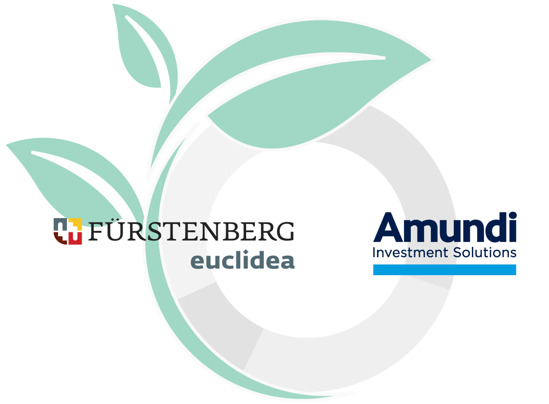 Illustrazione di una foglia sopra al doblone di una linea di investimento Green che unisce i loghi di Euclidea e Amundi